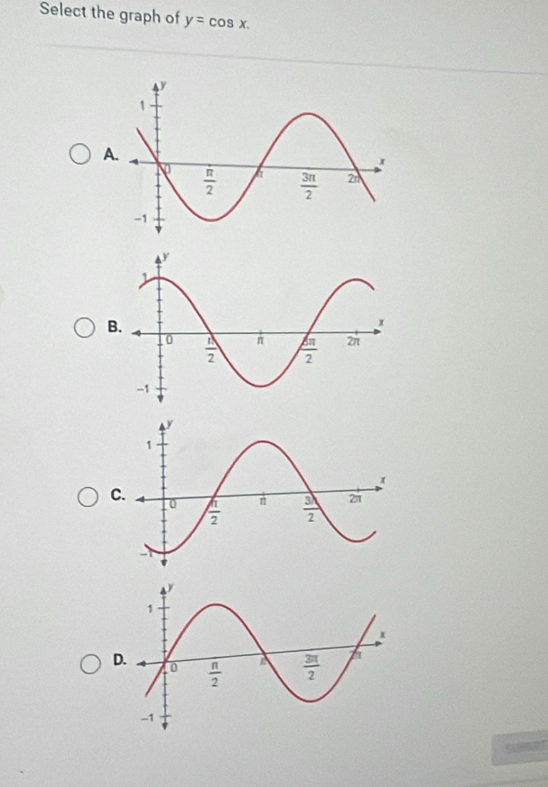 Select the graph of y=cos x.
A.
B.
C.
D.