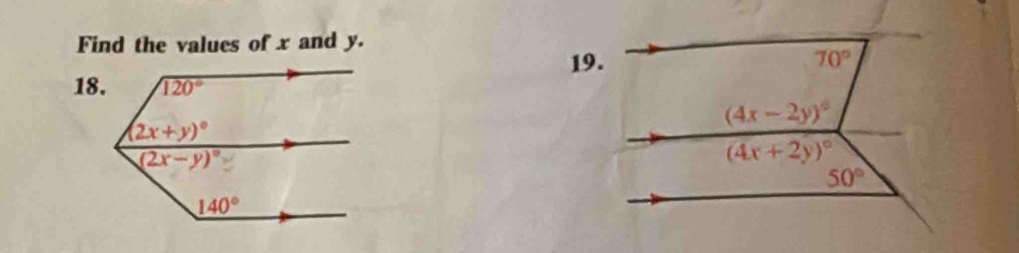 Find the values of x and y.
19.
18.