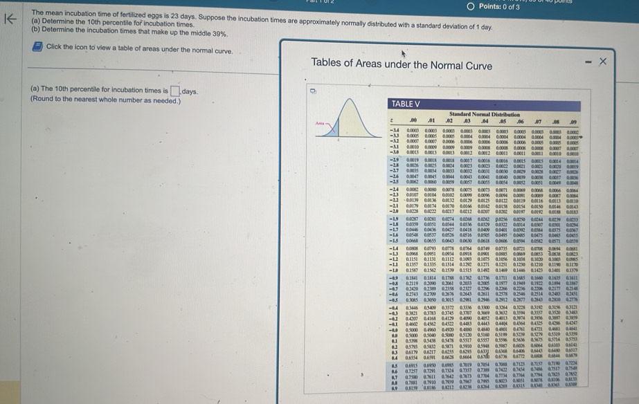 The mean incubation time of fertilized eggs is 23 days. Suppose the incubation times are approximately normally distributed with a standard deviation of 1 day. 
(a) Determine the 10th percentile for incubation times. 
(b) Determine the incubation times that make up the middle 39%. 
Click the icon to view a table of areas under the normal curve. -× 
Tables of Areas under the Normal Curve 
(a) The 10th percentile for incubation times is □ . days
(Round to the nearest whole number as needed.)

0.9 0.8159 0.8186 0.8212