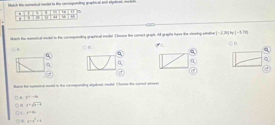 Match the numerical model to the corresponding graphical and algebraic models.
Match the numerical medel to the correspending graphical model Choose the correct graph. All graphs have the viewing window [-2,20] by [-5.70]
D.
B.

B
Match the numerical modal to the corresponding algebraic model. Choose the correct answer
A y=-4x
B. y=sqrt(x-4)
C. y=4x
D. y=x^2+4