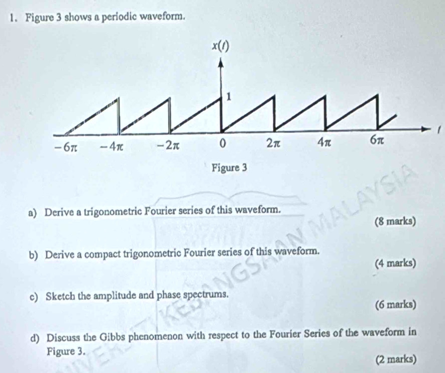 Figure 3 shows a periodic waveform.
a) Derive a trigonometric Fourier series of this waveform.
(8 marks)
b) Derive a compact trigonometric Fourier series of this waveform.
(4 marks)
c) Sketch the amplitude and phase spectrums.
(6 marks)
d) Discuss the Gibbs phenomenon with respect to the Fourier Series of the waveform in
Figure 3.
(2 marks)