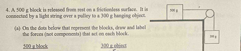 A 500 g block is released from rest on a frictionless surface. It 
connected by a light string over a pulley to a 300 g hanging object 
(a) On the dots below that represent the blocks, draw and labe 
the forces (not components) that act on each block.
500 g block 300 g object