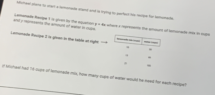 Michael plans to start a lemonade stand and is trying to perfect his recipe for lemonade. 
and y represents the amount of water in cups. 
Lemonade Recipe 1 is given by the equation y=4x where x represents the amount of lemonade mix in cups 
Lemonade Recipe 2 is given in the table at right 
If Michael had 16 cups of lemonade mix, how many cups of water would he need for each recipe?