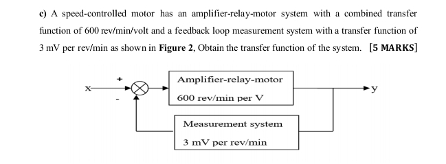 A speed-controlled motor has an amplifier-relay-motor system with a combined transfer 
function of 600 rev/min/volt and a feedback loop measurement system with a transfer function of
3 mV per rev/min as shown in Figure 2, Obtain the transfer function of the system. [5 MARKS]