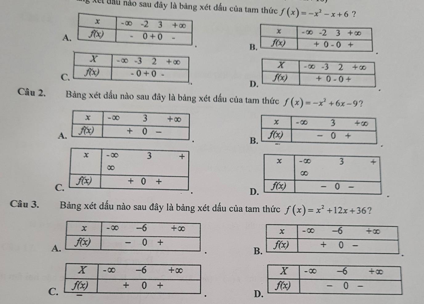 Xết đầu nào sau đây là bảng xét dấu của tam thức f(x)=-x^2-x+6 ?
 
 
 
Câu 2. Bảng xét dấu nào sau đây là bảng xét dấu của tam thức f(x)=-x^2+6x-9 ?
 
C
Câu 3. Bảng xét dấu nào sau đây là bảng xét dấu của tam thức f(x)=x^2+12x+36 ?
 
C