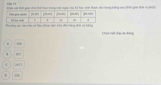 Céu 11
Khảo sát thời gian chơi thể thao trong một ngày của 42 học sinh được cho trong bảng sau (thời gian đợe vị phứt):
Phương sai của mẫu số liệu (được làm tròn điền hàng đơn vị) bằng
Chọn một đáp án đảng
A `  s
B 597
C 2477.
D 256