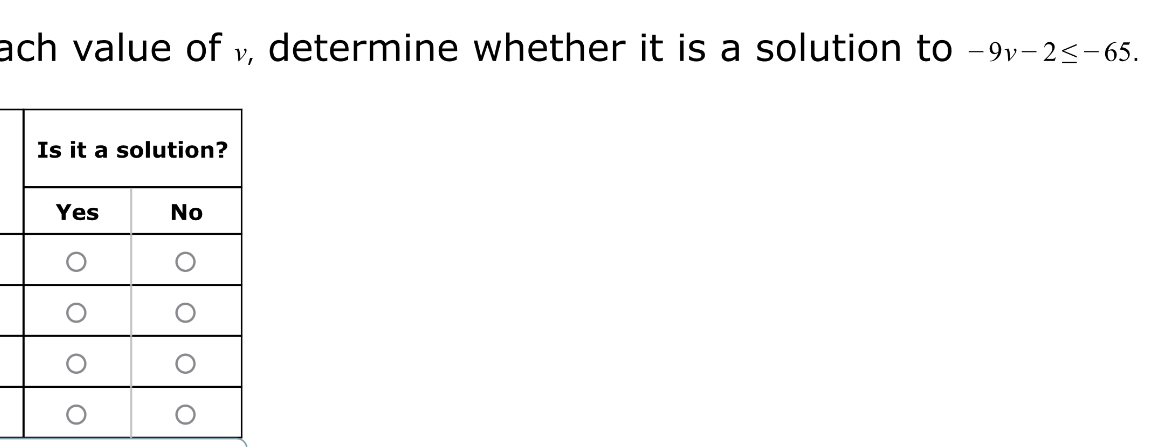 ach value of , determine whether it is a solution to -9v-2≤ -65.