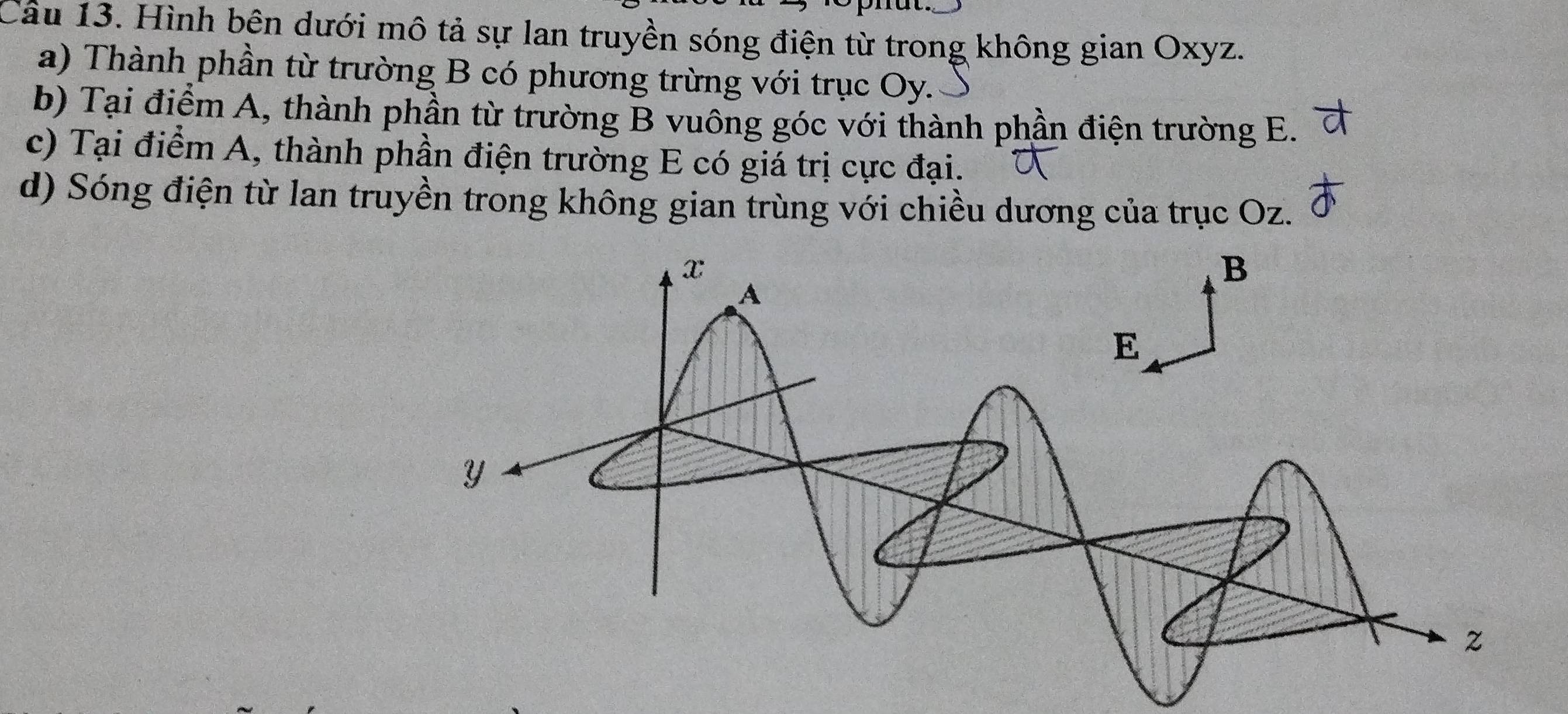 Cầu 13. Hình bên dưới mô tả sự lan truyền sóng điện từ trong không gian Oxyz.
a) Thành phần từ trường B có phương trừng với trục Oy.
b) Tại điểm A, thành phần từ trường B vuông góc với thành phần điện trường E.
c) Tại điểm A, thành phần điện trường E có giá trị cực đại.
d) Sóng điện từ lan truyền trong không gian trùng với chiều dương của trục Oz.