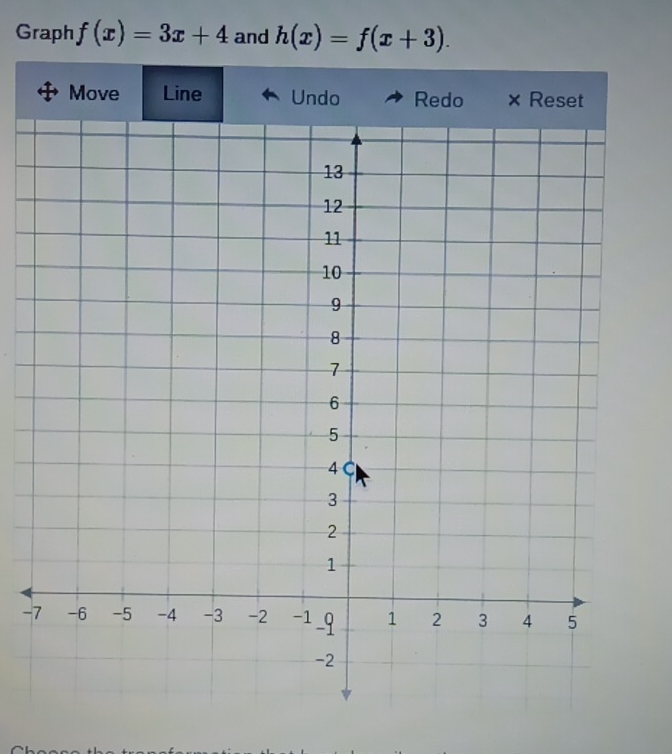 Graph f(x)=3x+4 and h(x)=f(x+3). 
Move Line Undo Redo × Reset 
-