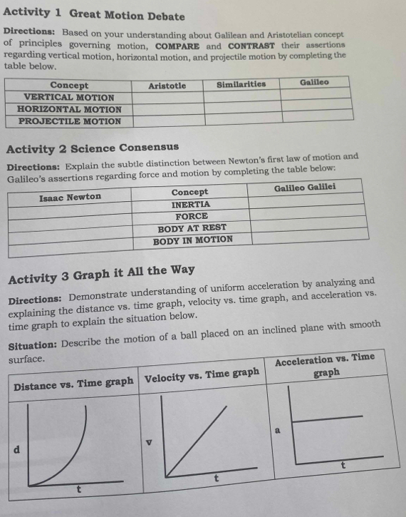 Activity 1 Great Motion Debate 
Directions: Based on your understanding about Galilean and Aristotelian concept 
of principles governing motion, COMPARE and CONTRAST their assertions 
regarding vertical motion, horizontal motion, and projectile motion by completing the 
table below. 
Activity 2 Science Consensus 
Directions: Explain the subtle distinction between Newton's first law of motion and 
rding force and motion by completing the table below: 
Activity 3 Graph it All the Way 
Directions: Demonstrate understanding of uniform acceleration by analyzing and 
explaining the distance vs. time graph, velocity vs. time graph, and acceleration vs. 
time graph to explain the situation below. 
Situation: Describe the motion of a ball placed on an inclined plane with smooth 
surface. 
Distance vs. Time graph Velocity vs. Time graph Acceleration vs. Time 
graph