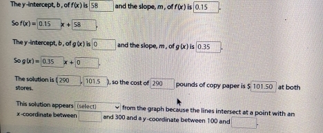 The y-intercept, b , of f(x) is 58 and the slope, m , of f(x) is 0.15
So f(x)=0.15 x+58
The y -intercept, b , of g(x) □ 0 and the slope, m , of g(x) is 0.35
Sog(x)=0.35x+0
The solution is ( 290|. 101.5 ), so the cost of 290
stores pounds of copy paper is $ 101.50 at both 
This solution appears (select) from the graph because the lines intersect at a point with an 
x-coordinate between □ and 300 and a y-coordinate between 100 and □.