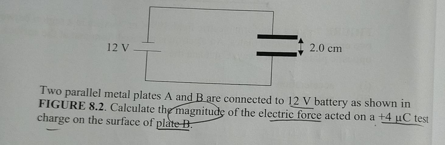 Two parallates A and B are connected to 12 V battery as shown in 
FIGURE 8.2. Calculate the magnitude of the electric force acted on a +4 μC test 
charge on the surface of plate B.