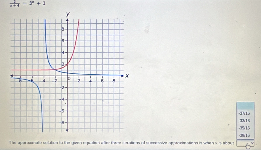  2/x+4 =3^x+1
-37/16
-33/16
-35/16
-39/16
The approximate solution to the given equation after three iterations of successive approximations is when x is about