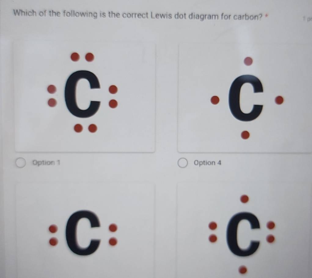 Which of the following is the correct Lewis dot diagram for carbon? * T pe
Option 1 Option 4
: C : :C: