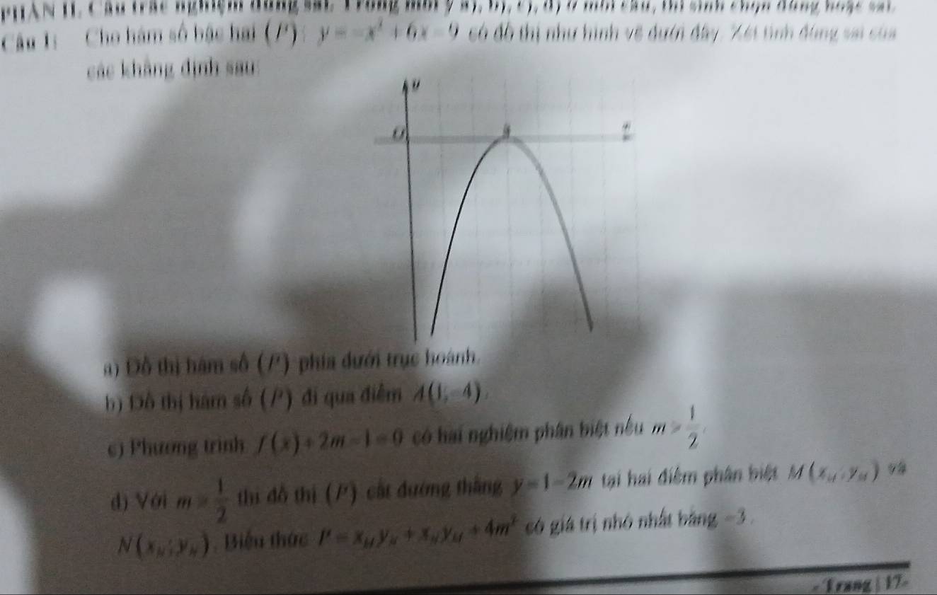 PHàN 1 Cầu tác ngệh tng s Tông n  (a),b),(),0) 0 mb cầu, thì sinh chọn đùng hoặc sai
Câu 1: Cho hám số bậc hai (I') y=-x^2+6x-9 só đô thị như hình về dưới đây. Xét tình đùng sai của
các khảng định sau
a) Đồ thị hàm số (/) phía dưới trục hoành.
h) Đô thị hám số (P) đi qua điễm A(1,-4)
c) Phương trình f(x)+2m-1=0 có hai nghiệm phân biệt nều m= 1/2 .
d) Với m= 1/2  thi đô thị (P) cát đường thắng y=1-2m tại hai điểm phân biệt M(x_a,y_a) 94
N (x_N:y_N) , Biểu thức l'=x_My_N++x_Ny_M+4m^2 có giá trị nhỏ nhất bảng −3
- Trang | 17-