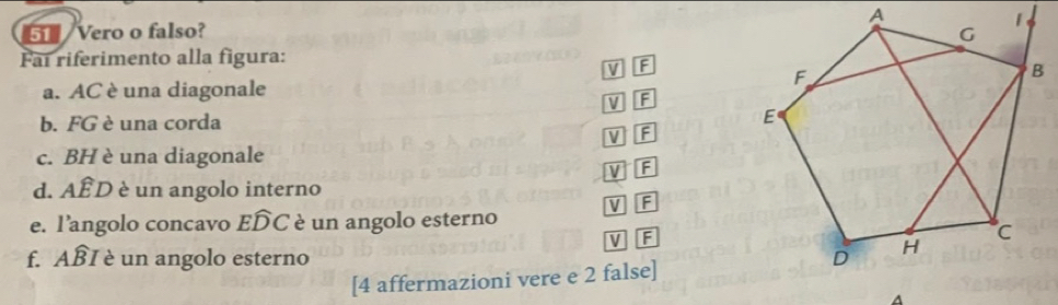 Vero o falso? 
Fai riferimento alla figura:
V F
a. AC è una diagonale
V F
b. FG è una corda
V F
c. BH è una diagonale
M F
d. AED è un angolo interno
V F
e. l’angolo concavo EDC è un angolo esterno
V F
f. ABI è un angolo esterno 
[4 affermazioni vere e 2 false]