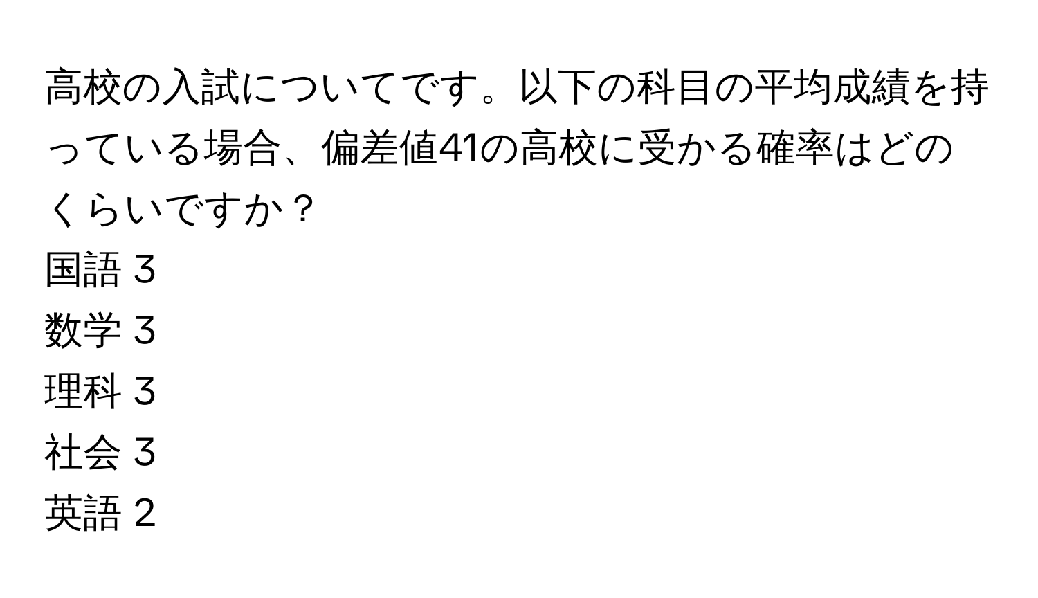 高校の入試についてです。以下の科目の平均成績を持っている場合、偏差値41の高校に受かる確率はどのくらいですか？  
国語 3  
数学 3  
理科 3  
社会 3  
英語 2