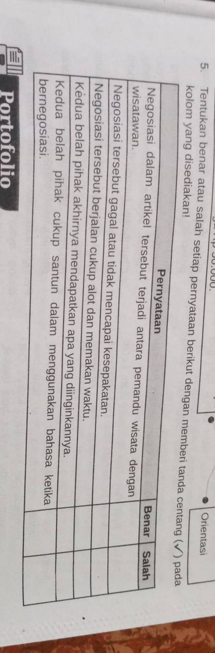 Orientasi 
5. Tentukan benar atau salah setiap pernyataan berikut dengan 
kolom yang disediakan! 
Portofolio