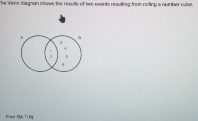 he Venn diagram shows the results of two events resulting from rolling a number cube.
A
B
3
4
1
2 5
6
Find P(A∩ B)