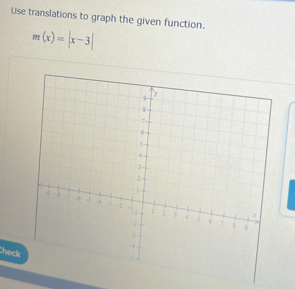 Use translations to graph the given function.
m(x)=|x-3|
heck