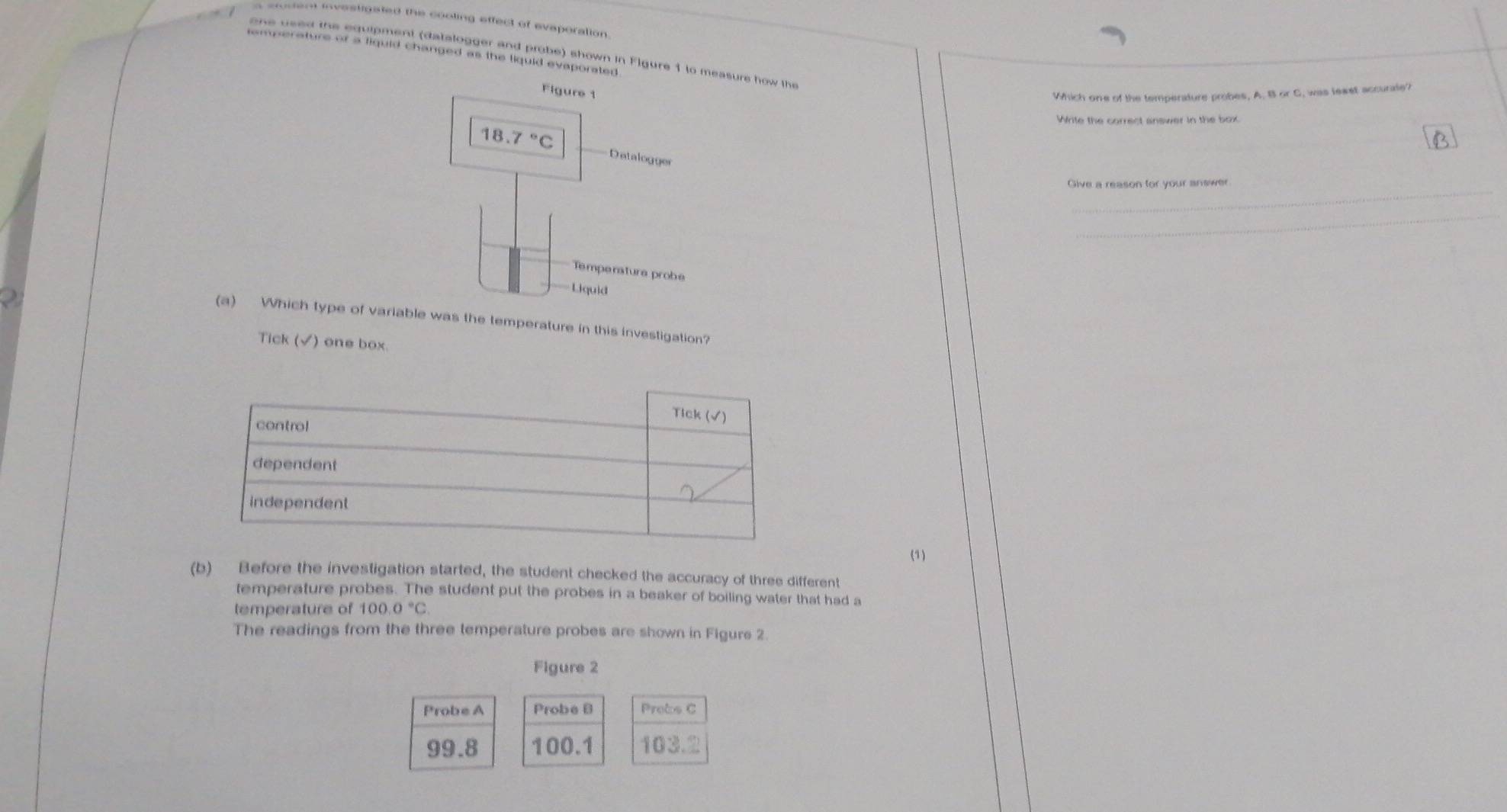 a sodent investigated the cooling effect of evaperation . 
iamperature or a fiquid changed as the liquid evaporated . 
one used the equipment (datalogger and probe) shown in Flgure 1 to measure how the 
Figure 1 
Which one of the temperature probes, A. B or C. was leaet accurale? 
Write the correct answer in the box
18.7°C Datalogger 
Give a reason for your answer 
Tempenature probe 
Liquid 
(a) Which type of variable was the temperature in this investigation? 
Tick (√) one box. 
(1) 
(b) Before the investigation started, the student checked the accuracy of three different 
temperature probes. The student put the probes in a beaker of boiling water that had a 
temperature of 100 0°C
The readings from the three temperature probes are shown in Figure 2 
Figure 2 
Probe A Probe B Probe C
99.8 100.1 103.2