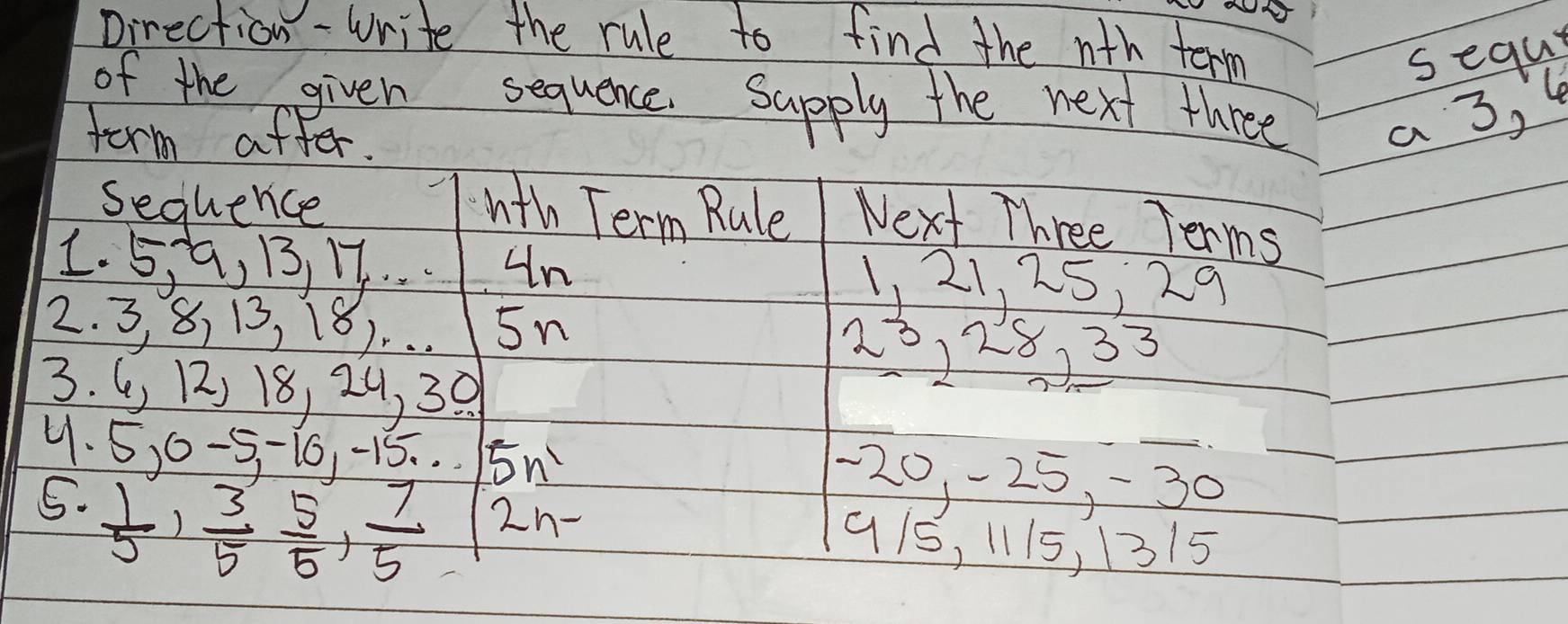 pirection- write the rule to find the nth term 
sequ 
of the given sequence Supply the next three 
torm after. 
a 3, 4
Sequence hth Term Rule Next Three Terms 
1. 59, 1 17. .. un 1, 21, 25, 29
2. 3, 8, 13, 18). . . 5n
28, 28, 33
3. ( 12) 18, 24, 38
4. 5, 0 -5, -16 -15. . 5n
5.  1/5 ,  3/5 ,  5/5 ,  7/5  2n-
-20, -25, -30
9/5, 1115, 1315