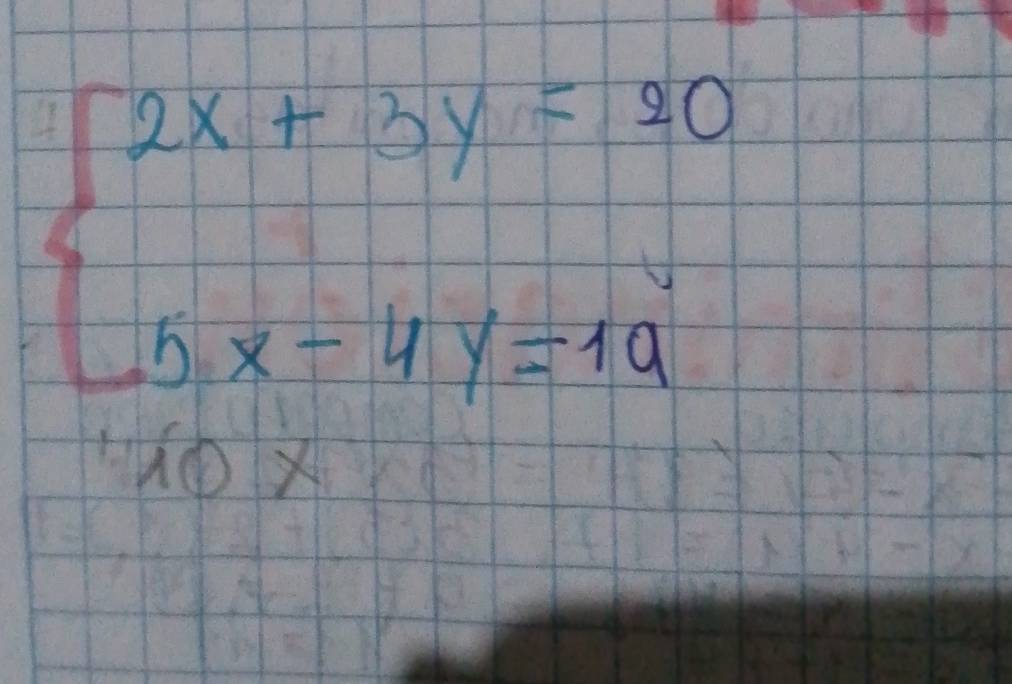 beginarrayl 2x+3y=20 5x-4y=10endarray.
uOX