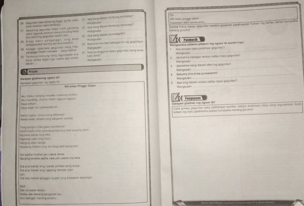 Oh
26 Gegunian saka tembung lingga gurita vaiku 31 Apa kang diarani tembung konotatip? Wit-witan pinggir dalan
owan-owanan saka tembung Wangsulan Dakenten: bibit penerusmu.
27 Seesining gepuritan bakal wwh gampang 32. Ape kang diarani tembung denotatip?
ana saironing geguntan kanthi cara Sawise maca, banjur geguntan kasebut gawenen parafrasene! Tulisen ing xertas, banjur kumpulna
olsha riggoieks amanat utawa posulang kang Wangsulan marang gurumu!
28. Sikap balin panganggil, sing arep 33 Apa kang diarani purwakanthi?
diekspresiake marang paraca kasebut Wangsulan
29 Kangge ngasilake geguritan kang Irep. 34. Sebutna lima bae babagan is ing geguritani  Pambecik
pangaggil mesthi mikorske   king mathuk Wangsulan. Wangsulana pitakon-pitakon ing ngisor iki kanthi trep!
30 Tembung-fembung kang digunakake arra 35. Kepnye anggone maca geguritan kang laras 1 Apa ancase saka paratrase geguritan?
kang nduwe leges lugu ulawa apa anans karo Isine Wangsulan
diarani Wangsulan _2. Jientrehna babagan wirasa nalika maca geguntan!
Wangsulan
a Proyek 3. Jientrehna kang diarani diksi ing geguntan!
Wangsulan:
Garapen gladhening ngisor iki! 4. Sebutna jinis-|inise purwakanthil
Semaken geguntan ing ngisor iki! Wangsulan
Wit-witan Pinggir Dalan 5. Apa sing diarani wicara nalika maca geguritan?
ku mau, nanging inroatku nwang slramu Wangsulan
Aku mantheg, sliramu maish ngguya-ngguyu
Sava edhum Pengayaan
Saya seger ian ngremebake at Garapen gladhen ing ngisor iki!
Coba goleka geguritan saka sadhengah sumber, banjur analisisen basa kang digunakakel Asile
Nalau ngaso, slramu sing daxampin tulisen ing buku giadhenmu banjur kumpuina marang gurumu!
Naika kusel, siramu sing dakgawe sambal
Pang-pangro bisa gawa senohenan
Godhungmu sing ngrembuyung kaya dam payung alam
Ngreses pamas sing toke
Ngaiingi udan sing mons.
Nanging stiku nangis
Nyawang sliramu sing wis llang dam trangunan
Get padhis mudhal yen udane deres
Nanging lemshe padha naia yen udane ora teka
Ora ana maneh sing nyerep panase sang surya
Or ana manen sing ngalangi defese uidan
Lan
Ora ana maneh panggon iyupan sing biyasane dakampm
Bak
Dak terusake tákuku
Nalika dak sawang bangunan iku
Axu kelingan marang sllramu