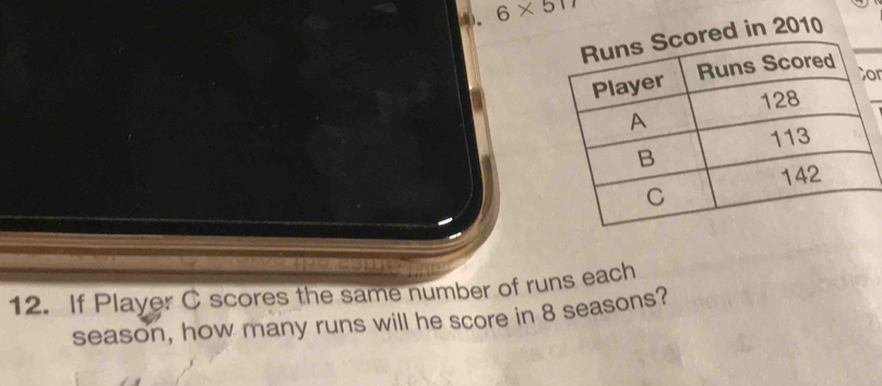 ). 6* 517
d in 2010
or
12. If Player C scores the same number of runs each
season, how many runs will he score in 8 seasons?