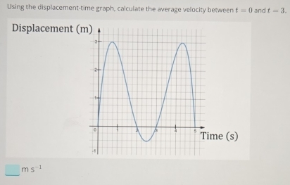 Using the displacement-time graph, calculate the average velocity between t=0 and t=3. 
Displacement (
□ ms^(-1)