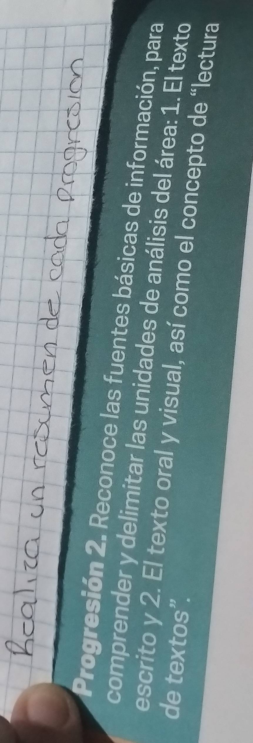 Progresión 2. Reconoce las fuentes básicas de información, para 
comprender y delimitar las unidades de análisis del área: 1. El texto 
de textos”. 
escrito y 2. El texto oral y visual, así como el concepto de “lectura