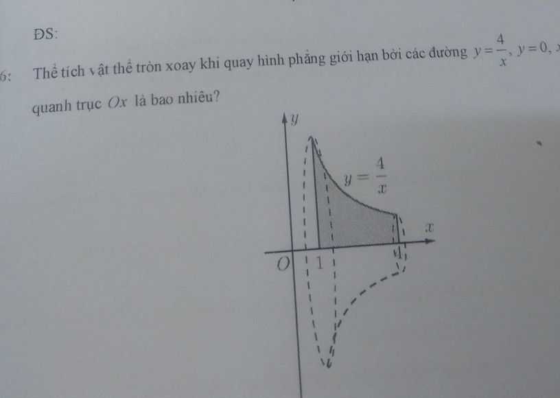 DS:
6: Thể tích vật thể tròn xoay khi quay hình phăng giới hạn bởi các đường y= 4/x ,y=0,
quanh trục Ox là bao nhiêu?