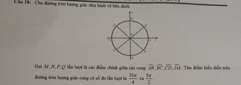 Cầu 18: Cho đường tròn lượng giác như hình vẽ bên dưới. 
Gọi M,N, P, Q lần lượt là các điểm chính giữa các cung widehat AB, widehat BC, widehat CD, widehat DA. Tìm điểm biểu diễn trên 
đường tròn lượng giác cung có số đo lần lượt là  33π /4  và  5π /2 .