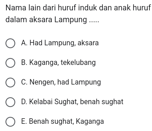 Nama lain dari huruf induk dan anak huruf
dalam aksara Lampung .....
A. Had Lampung, aksara
B. Kaganga, tekelubang
C. Nengen, had Lampung
D. Kelabai Sughat, benah sughat
E. Benah sughat, Kaganga