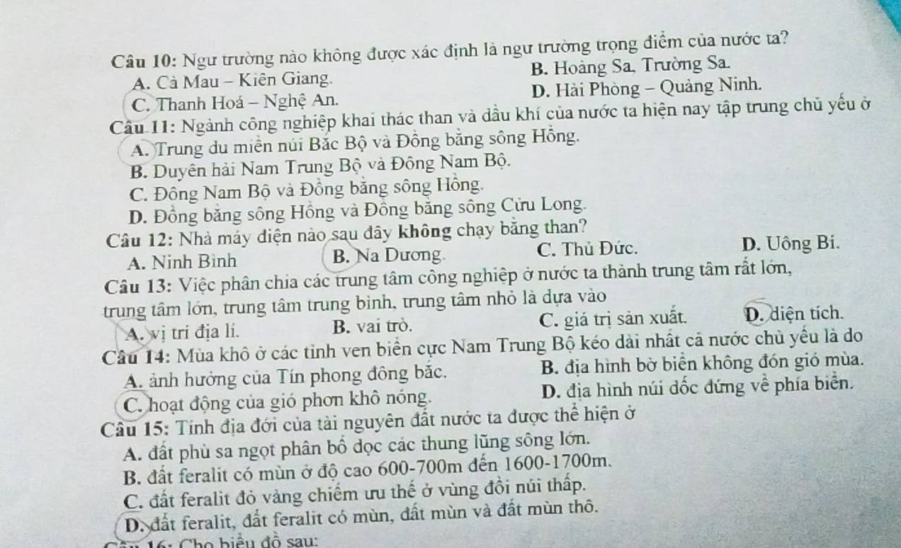 Ngư trường nào không được xác định là ngư trường trọng điểm của nước ta?
A. Cà Mau - Kiên Giang. B. Hoàng Sa, Trường Sa.
C. Thanh Hoá - Nghệ An. D. Hài Phòng - Quảng Ninh.
Cầu 11: Ngành công nghiệp khai thác than và dầu khí của nước ta hiện nay tập trung chủ yếu ở
A. Trung du miền núi Bắc Bộ và Đồng bằng sông Hồng.
B. Duyên hải Nam Trung Bộ và Đông Nam Bộ.
C. Đồng Nam Bộ và Đồng bằng sông Hồng.
D. Đồng băng sông Hồng và Đồng bằng sông Cửu Long.
Câu 12: Nhà máy điện nào sau đây không chạy bằng than?
A. Ninh Binh B. Na Dương C. Thủ Đức. D. Uông Bi.
Câu 13: Việc phân chia các trung tâm công nghiệp ở nước ta thành trung tâm rất lớn,
trung tâm lớn, trung tâm trung bình, trung tâm nhỏ là dựa vào
A. vị trí địa lí. B. vai trò. C. giá trị sản xuất. D. diện tích.
Câu 14: Mùa khô ở các tỉnh ven biển cực Nam Trung Bộ kéo dài nhất cả nước chủ yểu là do
A ảnh hưởng của Tín phong đông bắc. B. địa hình bờ biển không đón gió mùa.
C. hoạt động của gió phơn khô nóng. D. địa hình núi đốc đứng về phía biển.
Câu 15: Tính địa đới của tài nguyên đất nước ta được thể hiện ở
A. đất phù sa ngọt phân bố dọc các thung lũng sông lớn.
B. đất feralit có mùn ở độ cao 600-700m đến 1600-1700m.
C. đất feralit đỏ vàng chiếm ưu thế ở vùng đồi núi thấp.
D. đất feralit, đất feralit có mùn, đất mùn và đất mùn thô.
6: Cho biểu đồ sau: