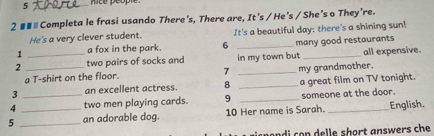 5 _nice people. 
2 ■■■ Completa le frasi usando There’s, There are, It’s / He’s / She’s o They’re. 
He's a very clever student. It's a beautiful day: there's a shining sun! 
1 a fox in the park. 6 _many good restaurants 
2 __two pairs of socks and in my town but _all expensive. 
a T-shirt on the floor. 7 _my grandmother. 
3 an excellent actress. 8 _a great film on TV tonight. 
4 _two men playing cards. 9 _someone at the door. 
5 __an adorable dog. 10 Her name is Sarah. _English. 
nondi con delle short answers che
