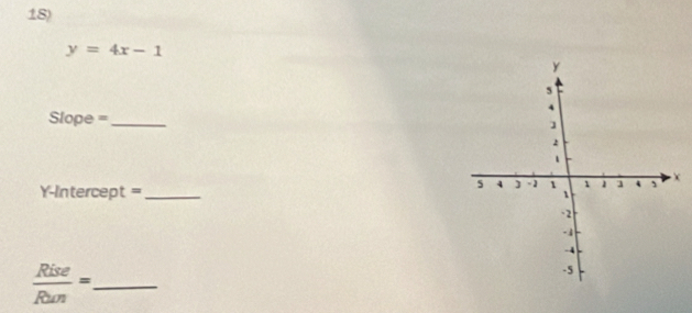 y=4x-1
Slope = _ 
Y-Intercept =_
 Rise/Run = _