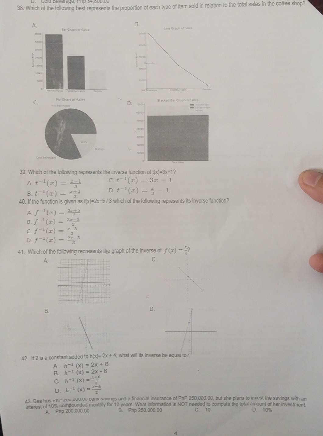 Cold Beverage, P1b 34.500.00
38. Which of the following best represents the proportion of each type of item sold in relation to the total sales in the coffee shop?


39. Which of the following represents the inverse function of t(x)=3x+1 ?
A. t^(-1)(x)= (x-1)/3  C. t^(-1)(x)=3x-1
B. t^(-1)(x)= (x-1)/3  D. t^(-1)(x)= x/3 -1
40. If the function is given as f(x)=2x-5/3 which of the following represents its inverse function?
A. f^(-1)(x)= (3x+5)/2 
B. f^(-1)(x)= (3x-5)/2 
C. f^(-1)(x)= (x-5)/3 
D. f^(-1)(x)= (2x-5)/3 
41. Which of the following represents the graph of the inverse of f(x)= x/4  ?
A.
C.
B.
D.
42. If 2 is a constant added to h(x)=2x+4 , what will its inverse
A. h^(-1)(x)=2x+6
B. h^(-1)(x)=2x-6
C. h^(-1)(x)= (x+6)/2 
D. h^(-1)(x)= (x-6)/2 
43. Bea has PhP 200,000.00 banx savings and a financial insurance of PhP 250,000.00, but she plans to invest the savings with an
interest of 10% compounded monthly for 10 years. What information is NOT needed to compute the total amount of her investment.
A. Php 200,000.00 B. Php 250,000.00 C. 10 D. 10%
4