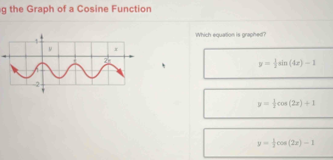 the Graph of a Cosine Function
Which equation is graphed?
y= 1/2 sin (4x)-1
y= 1/2 cos (2x)+1
y= 1/2 cos (2x)-1