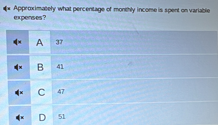 Approximately what percentage of monthly income is spent on variable
expenses?
x A 37
B 41
C 47
x D 51