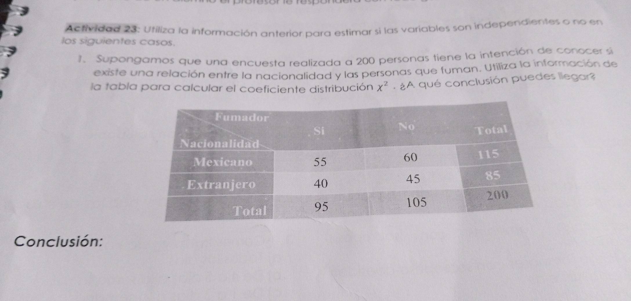 Actividad 23: Utiliza la información anterior para estimar si las variables son independientes o no en 
los siguientes casos. 
1. Supongamos que una encuesta realizada a 200 personas tiene la intención de conocer si 
existe una relación entre la nacionalidad y las personas que fuman. Utiliza la información de 
la tabla para calcular el coeficiente distribución chi^2 : ¿A qué conclusión puedes llegar? 
Conclusión: