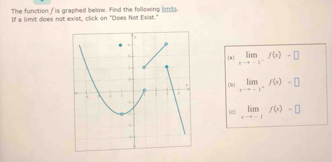 The function fis graphed below. Find the following limits.
If a limit does not exist, click on "Does Not Exist."
(a) limlimits _xto -1^-f(x)=□
(b) limlimits _xto -1^+f(x)=□
(c) limlimits _xto -1f(x)=□