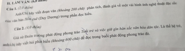 Làm Văn: (6,0 đim) 
Câu 1. (2.0 điểm) 
Anh/Chỉ hãy viết đoạn văn (khoảng 200 chữ) phân tích, đánh giá về một vài hình ảnh nghệ thuật đặc sắc 
Vân văn bàn Hồn quê (Duy Dương) trong phần đọc hiều. 
Câu 2. (4,0 điểm) 
Giả sử Đoàn trường phát động phong trào Tuổi trẻ và việc giữ gìn bản sắc văn hóa dân tộc. Là thể hệ trẻ, 
anh chị nãy việt bài phát biểu (khoảng 600 chữ) để đọc trong buổi phát động phong trào đó.