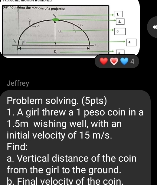 Distinguishing the motions of a projectile
V_f
1.
frac V_y4
2.
v_v
D_y
3
V_i
4
D_x
5 
4 
Jeffrey 
Problem solving. (5pts) 
1. A girl threw a 1 peso coin in a
1.5m wishing well, with an 
initial velocity of 15 m/s. 
Find: 
a. Vertical distance of the coin 
from the girl to the ground. 
b. Final velocity of the coin.