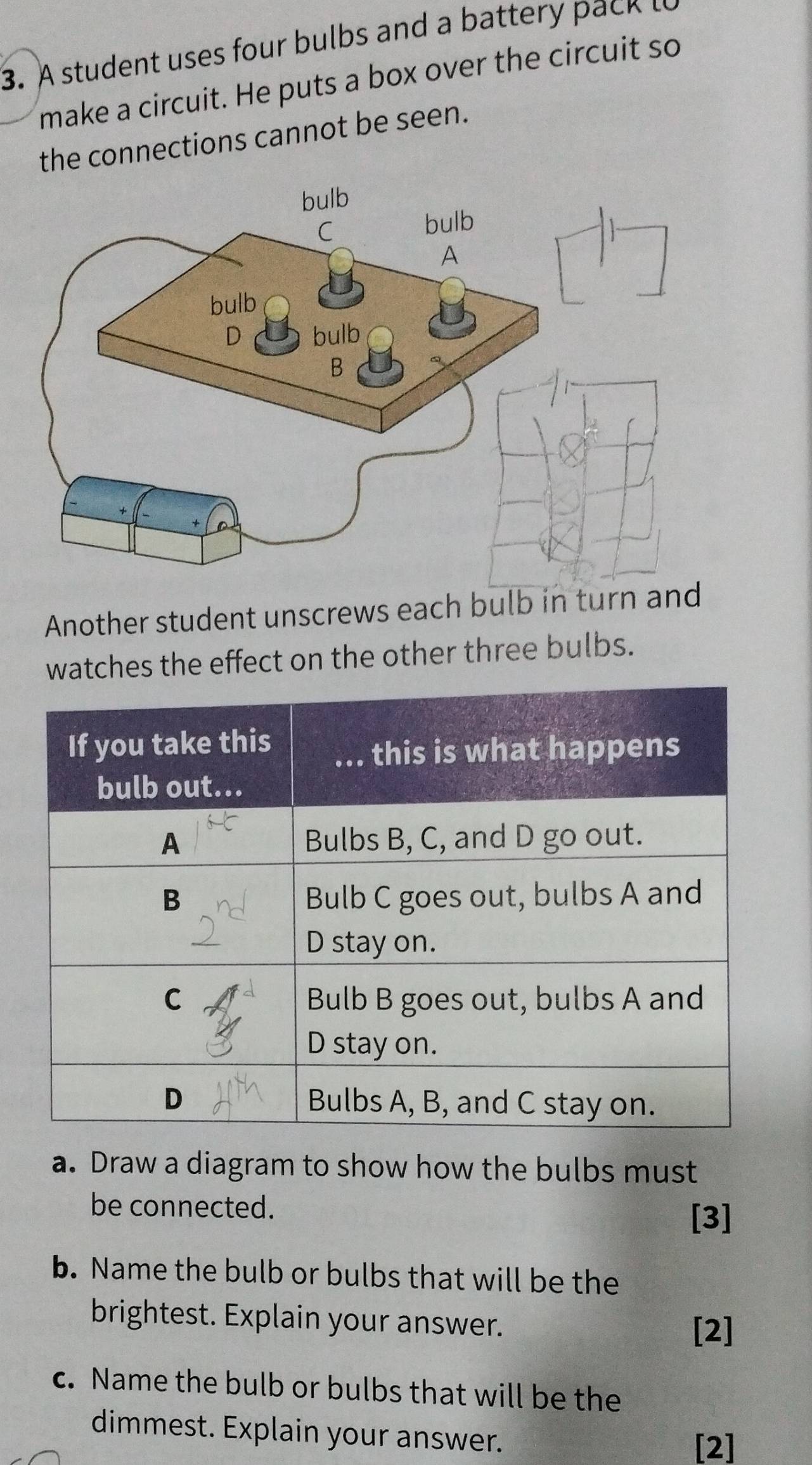 A student uses four bulbs and a battery p ack t 
make a circuit. He puts a box over the circuit so 
the connections cannot be seen. 
Another student unscrews each bulb in turn and 
watches the effect on the other three bulbs. 
a. Draw a diagram to show how the bulbs must 
be connected. 
[3] 
b. Name the bulb or bulbs that will be the 
brightest. Explain your answer. 
[2] 
c. Name the bulb or bulbs that will be the 
dimmest. Explain your answer. 
[2]