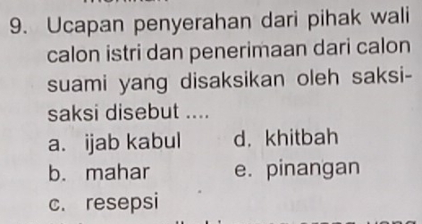 Ucapan penyerahan dari pihak wali
calon istri dan penerimaan dari calon
suami yang disaksikan oleh saksi-
saksi disebut ....
a. ijab kabul d. khitbah
b. mahar e. pinangan
c. resepsi