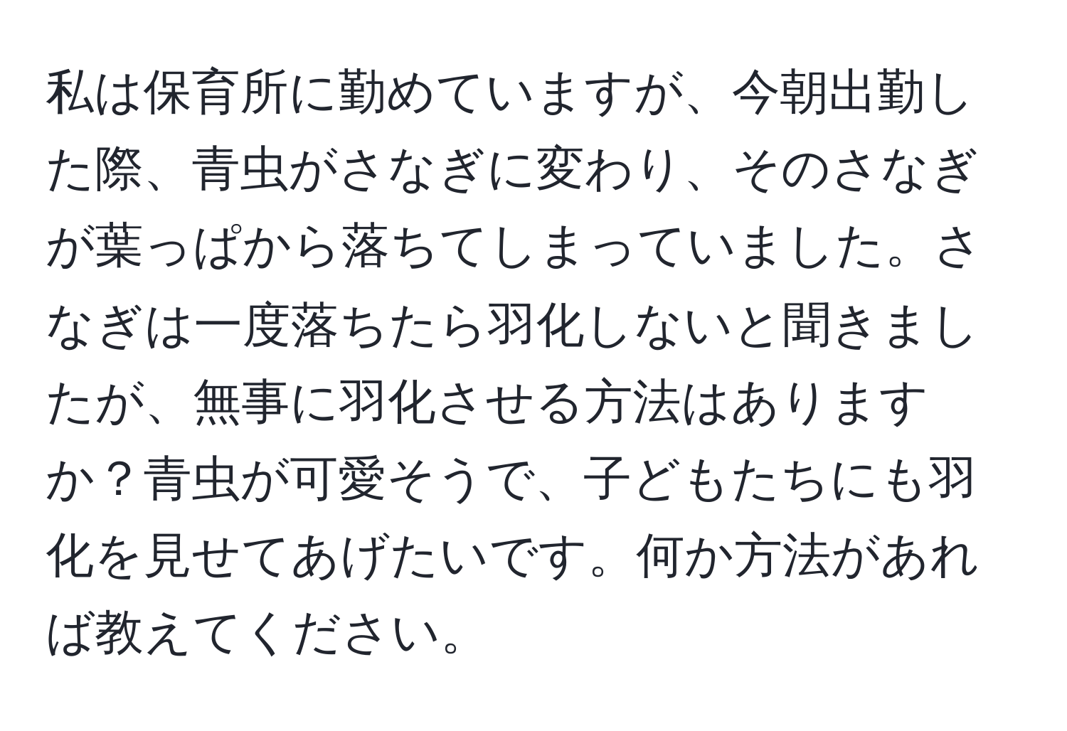 私は保育所に勤めていますが、今朝出勤した際、青虫がさなぎに変わり、そのさなぎが葉っぱから落ちてしまっていました。さなぎは一度落ちたら羽化しないと聞きましたが、無事に羽化させる方法はありますか？青虫が可愛そうで、子どもたちにも羽化を見せてあげたいです。何か方法があれば教えてください。