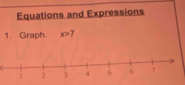 Equations and Expressions 
1. Graph. x>7
a