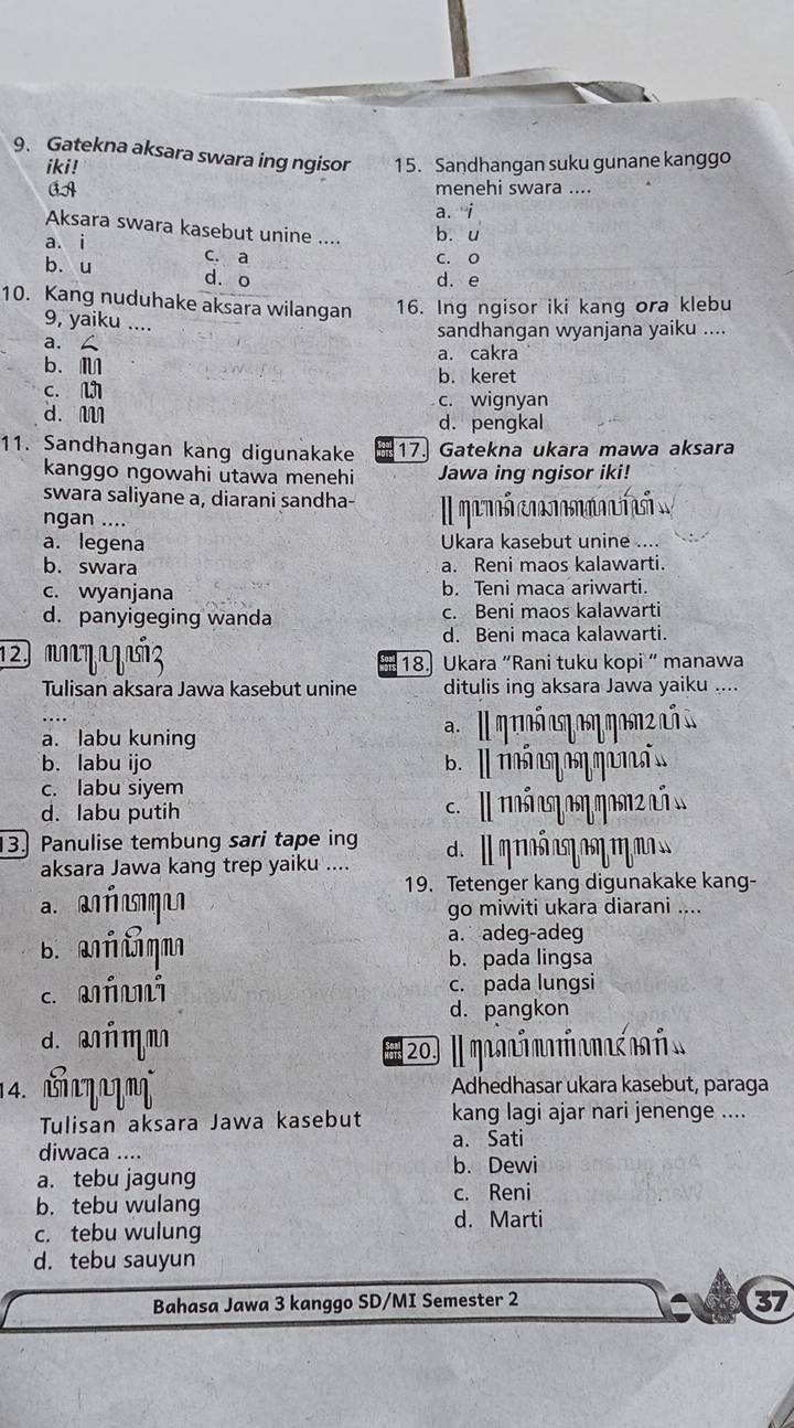 Gatekna aksara swara ing ngisor 15. Sandhangan suku gunane kanggo
iki!
GA menehi swara ....
a.  i
Aksara swara kasebut unine .... b. u
a. i c. a
C. O
b. u d. o
d. e
10. Kang nuduhake aksara wilangan 16. Ing ngisor iki kang ora klebu
9, yaiku ....
a. ∠ sandhangan wyanjana yaiku ....
b、Ⅲ a. cakra
b. keret
c. c. wignyan
d. m d. pengkal
11. Sandhangan kang digunakake 17. Gatekna ukara mawa aksara
kanggo ngowahi utawa menehi Jawa ing ngisor iki!
swara saliyane a, diarani sandha-
ngan ....
a. legena Ukara kasebut unine ...
b. swara a. Reni maos kalawarti.
c. wyanjana b. Teni maca ariwarti.
d. panyigeging wanda c. Beni maos kalawarti
d. Beni maca kalawarti.
12. mmηaqvíz 18. Ukara “Rani tuku kopi “ manawa
Tulisan aksara Jawa kasebut unine ditulis ing aksara Jawa yaiku ....
a. labu kuning a.  α η rã η o mosz nñ
b. labu ijo B. Ⅱmánpan ηan
c. labu siyem
d. labu putih c. I másχαη ηas2 cá n
3. Panulise tembung sari tape ing
aksara Jawa kang trep yaiku ....
19. Tetenger kang digunakake kang-
a. M go miwiti ukara diarani ....
a. adeg-adeg
b. M ü qm b. pada lingsa
c.MÁMN c. pada lungsi
d. pangkon
d. mímm
* 209 |manó m amé n i 
14. Ñγ Adhedhasar ukara kasebut, paraga
Tulisan aksara Jawa kasebut kang lagi ajar nari jenenge ....
diwaca .... a. Sati
b. Dewi
a. tebu jagung
b. tebu wulang c. Reni
d. Marti
c. tebu wulung
d. tebu sauyun
Bahasa Jawa 3 kanggo SD/MI Semester 2
37