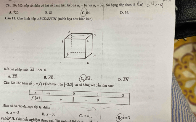 Một cấp số nhân có hai số hạng liên tiếp là u_2=16 và u_3=32. Số hạng tiếp theo là
A. 720. B. 81. C. 64. D. 56.
Câu 11: Cho hình hộp ABCD.EFGH (minh họa như hình bên).
Kết quả phép toán overline AB-overline EH là
A. vector BD. B. overline AE. C. overline DB. D. overline BH.
Câu 12: Cho hàm số y=f(x) liên tục trên [-2;3] và có bảng xét đầu như sau:
Hàm số đã cho đạt cực đại tại điểm
A. x=-2. B. x=0. C. x=1. D x=3.
PHÀN II. Câu trắc nghiệm đúng sai, Thí sinh trả lời